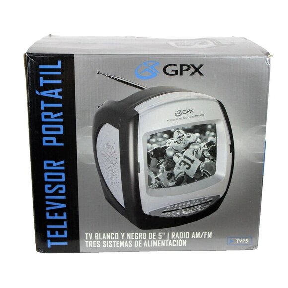 GPX TVP5 Portable Tv 5” Black White AM-FM Radio 3 Way Power - Picture 1 of 2